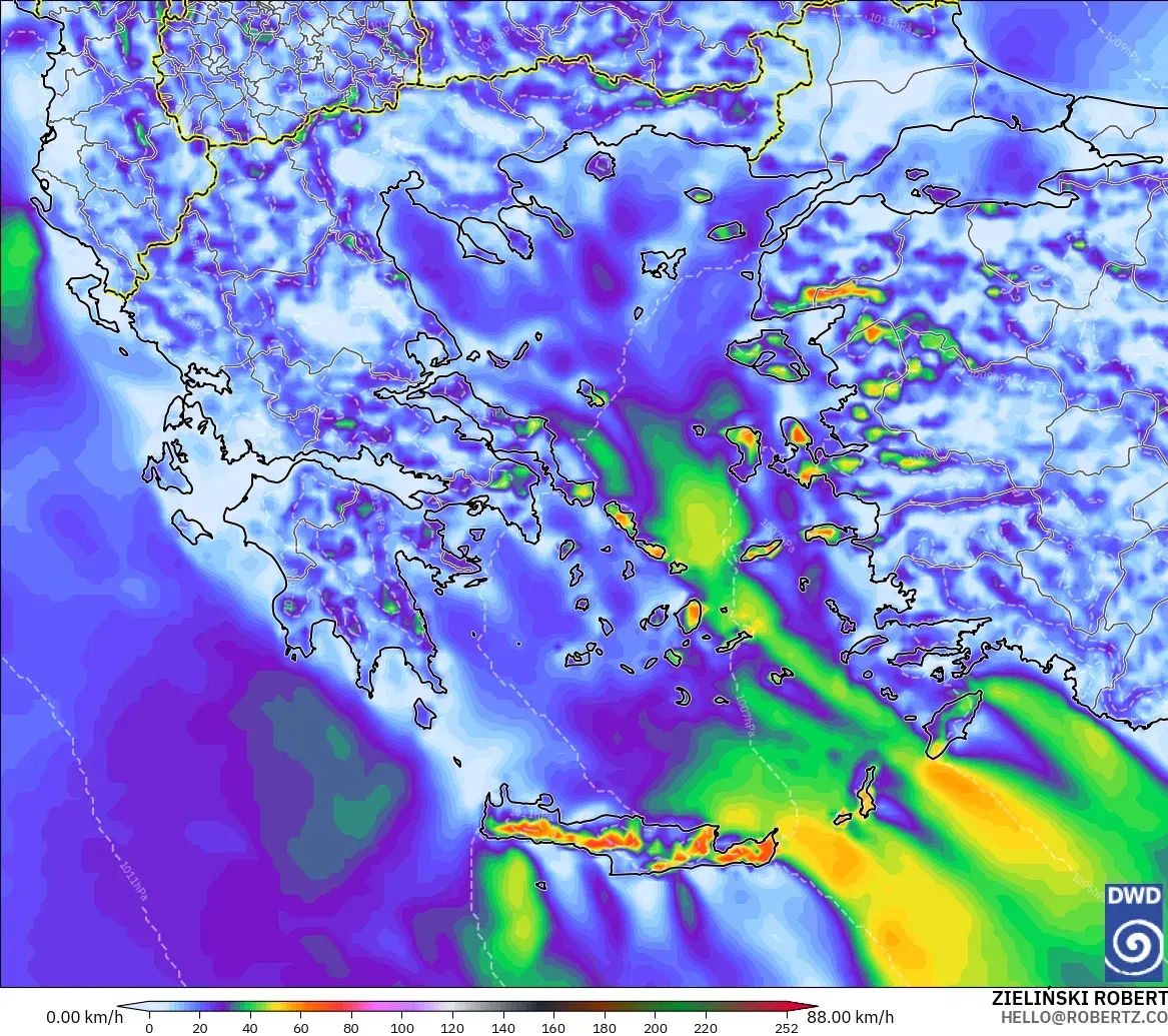 ICON modelo - Grecia, Ráfagas de viento