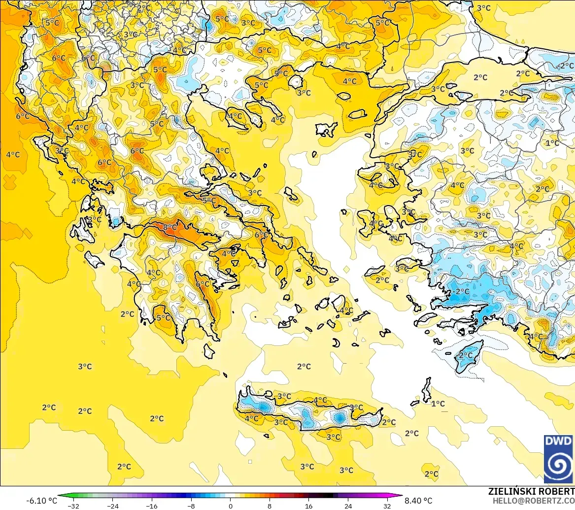 ICON modelo - Grecia, Anomalía de temperatura a 2 m