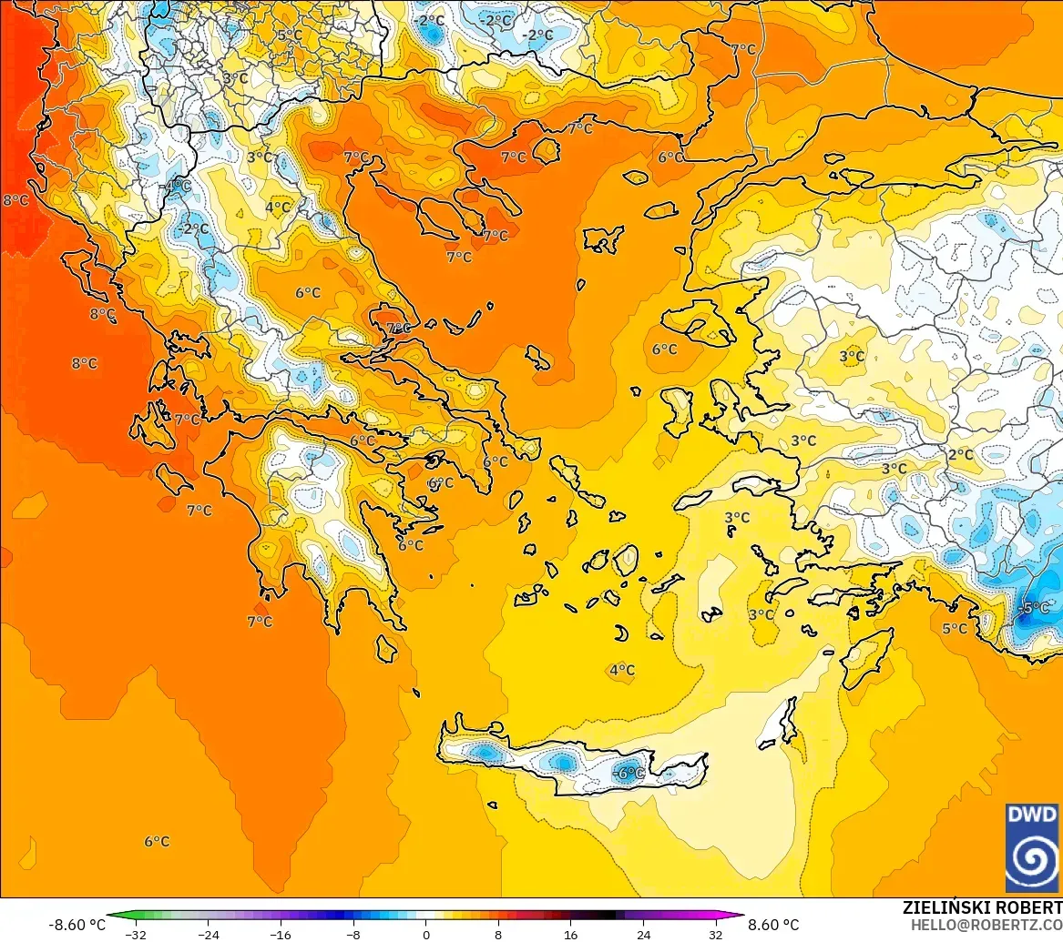 ICON modelo - Grecia, Anomalía de temperatura a 850 hPa