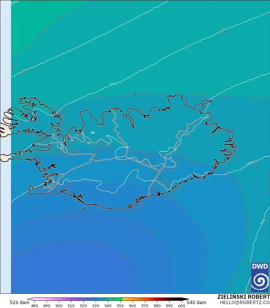 ICON modelo - Islandia, Altura geopotencial a 500 hPa