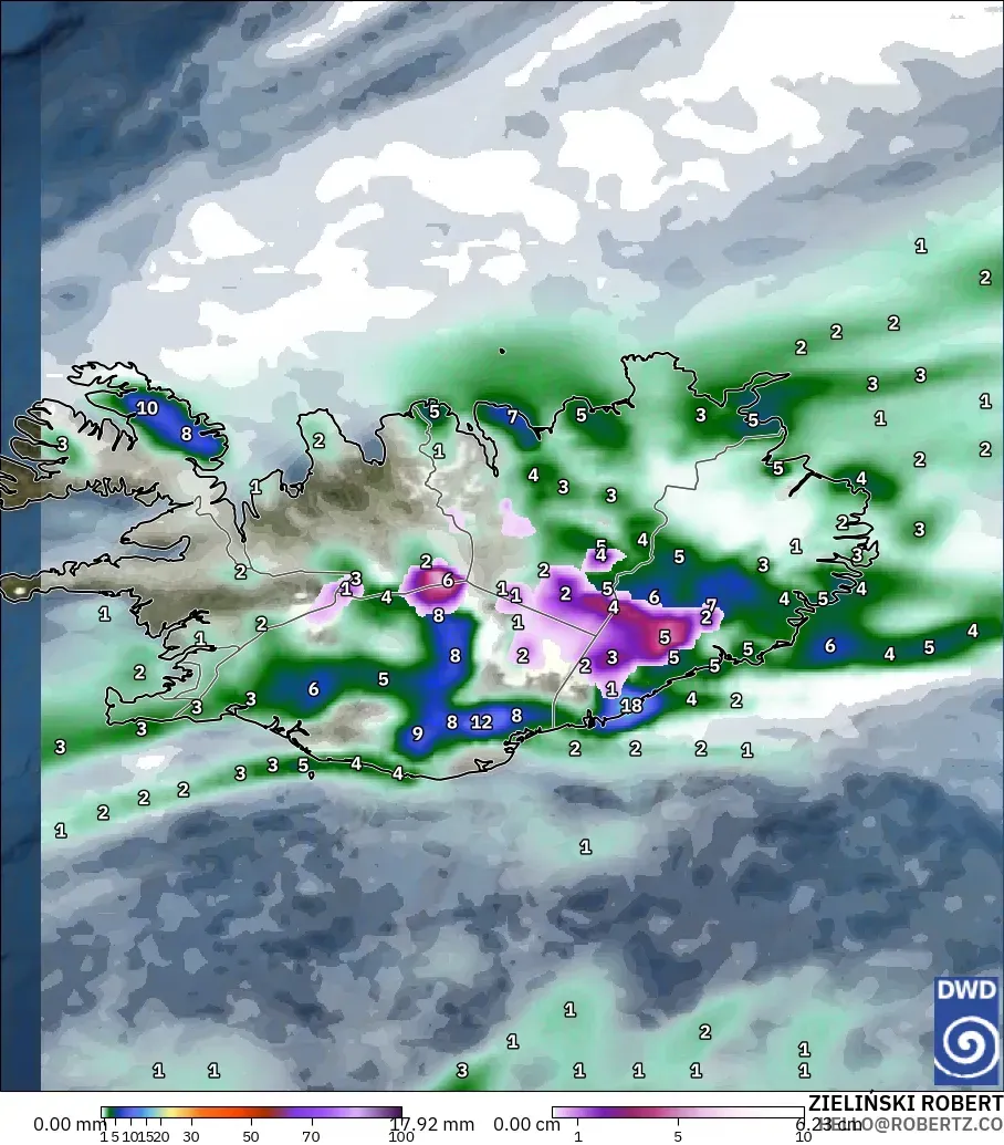 ICON modelo - Islandia, Precipitación, nubes y presión