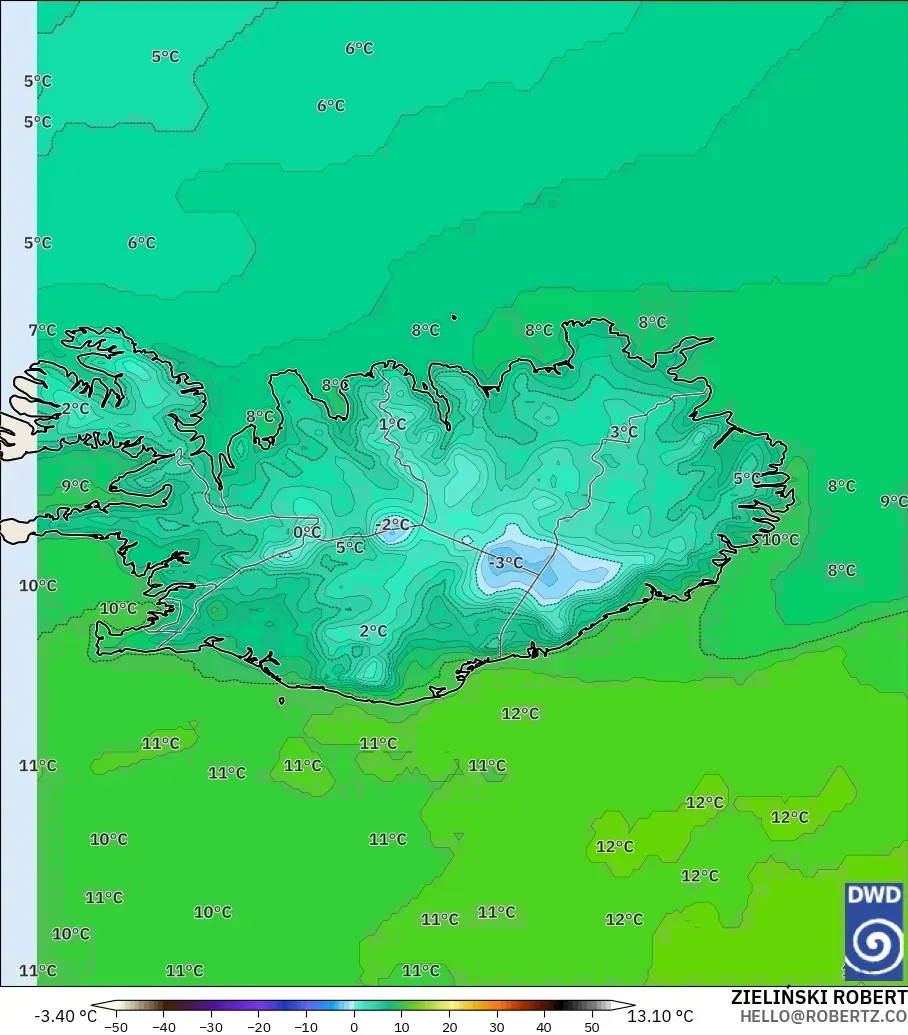 ICON modelo - Islandia, Temperatura a 2 m