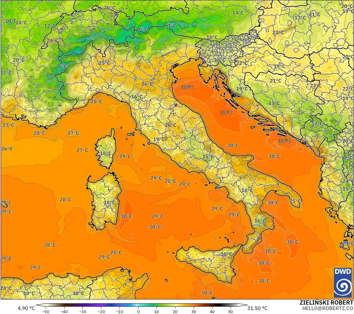 ICON modelo - Italia, Temperatura a 2 m