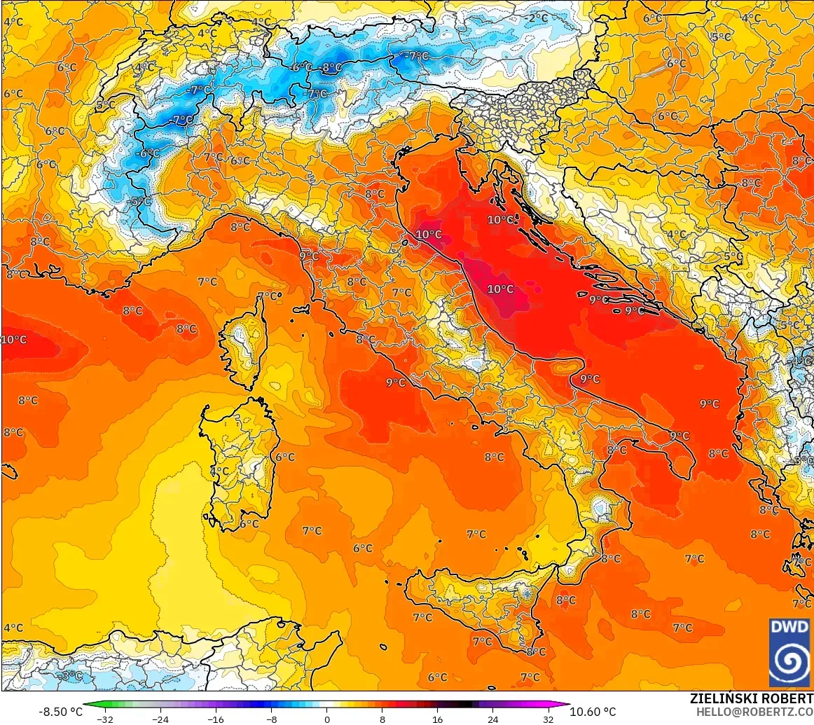 ICON modelo - Italia, Anomalía de temperatura a 850 hPa