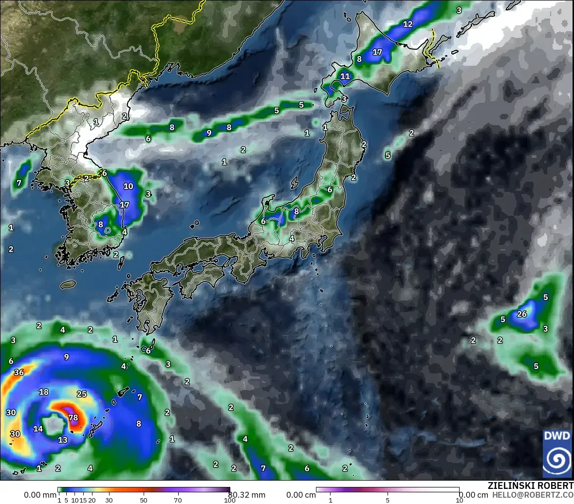 ICON modelo - Japón, Precipitación, nubes y presión