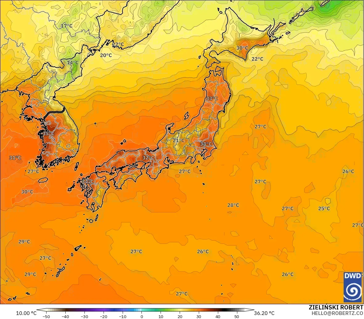 ICON modelo - Japón, Temperatura a 2 m