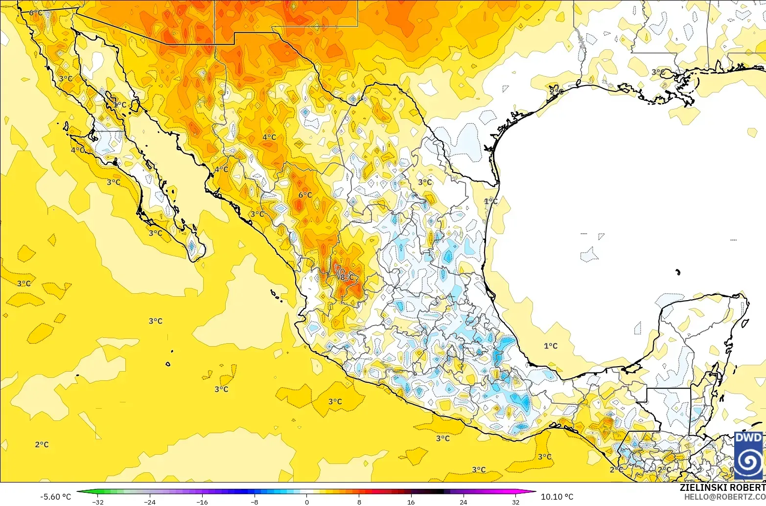 ICON modelo - México, Anomalía de temperatura a 2 m