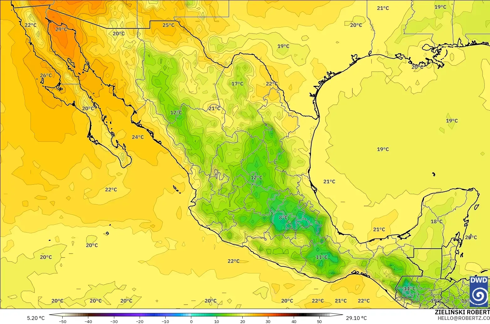 ICON modelo - México, Temperatura a 850 hPa