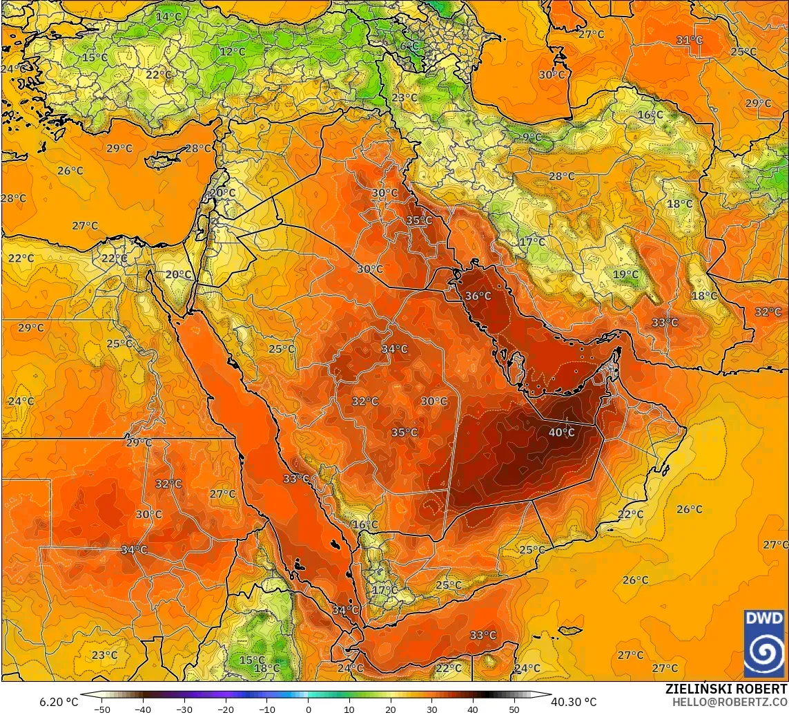 ICON modelo - Oriente Medio, Temperatura a 2 m