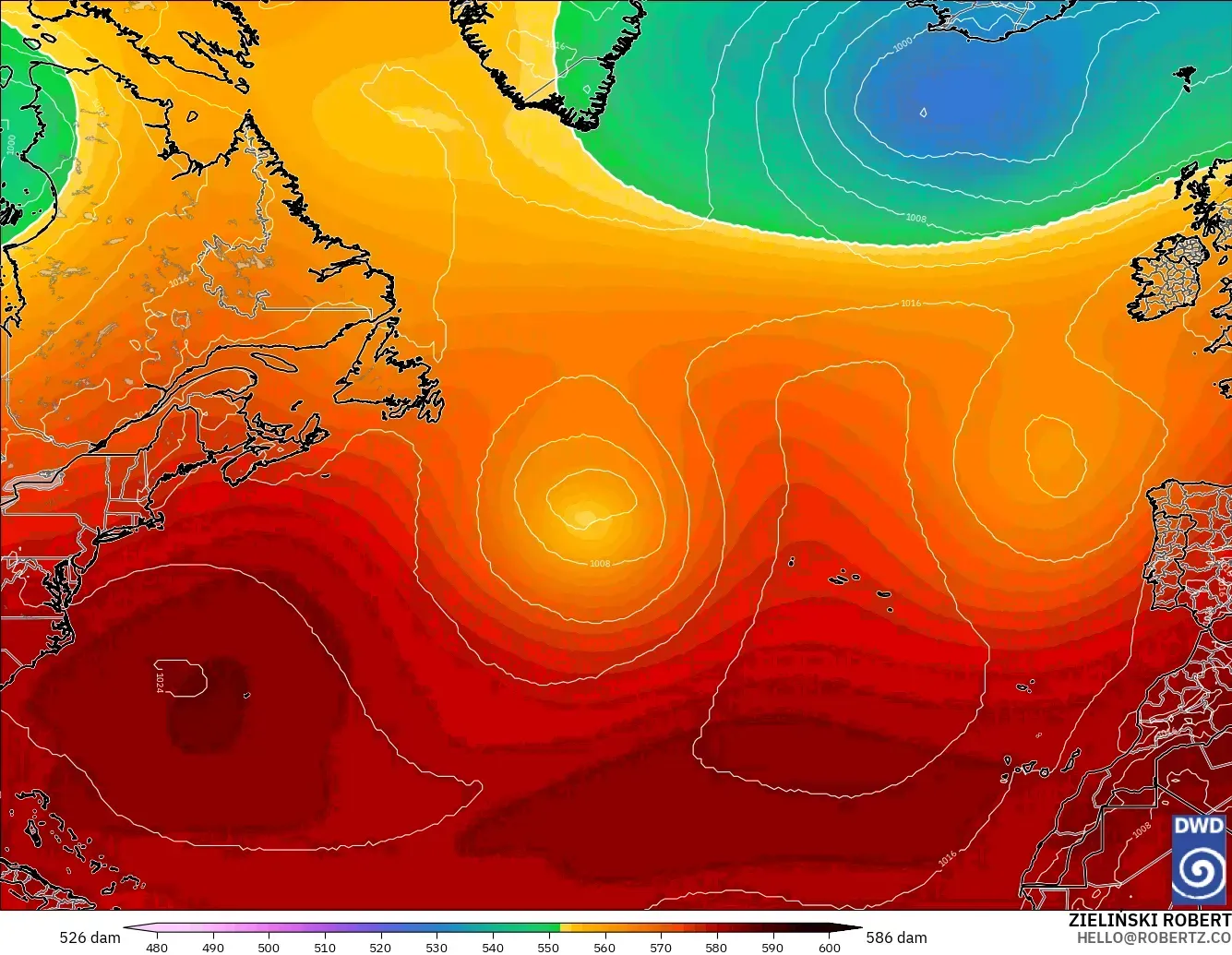 ICON modelo - Norte Atlántico, Altura geopotencial a 500 hPa