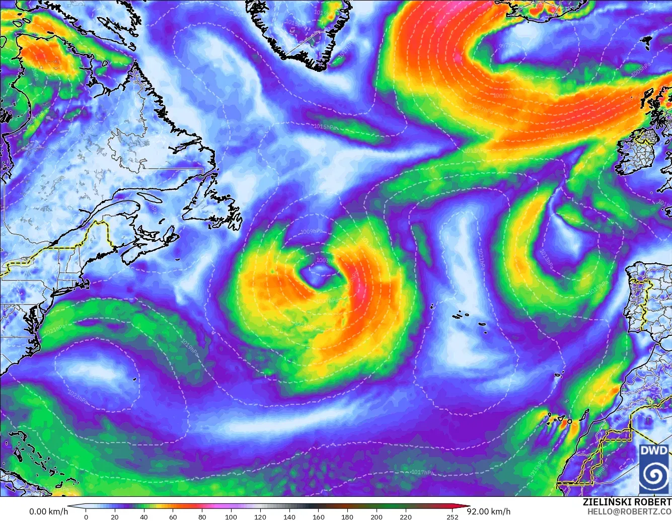 ICON modelo - Norte Atlántico, Ráfagas de viento
