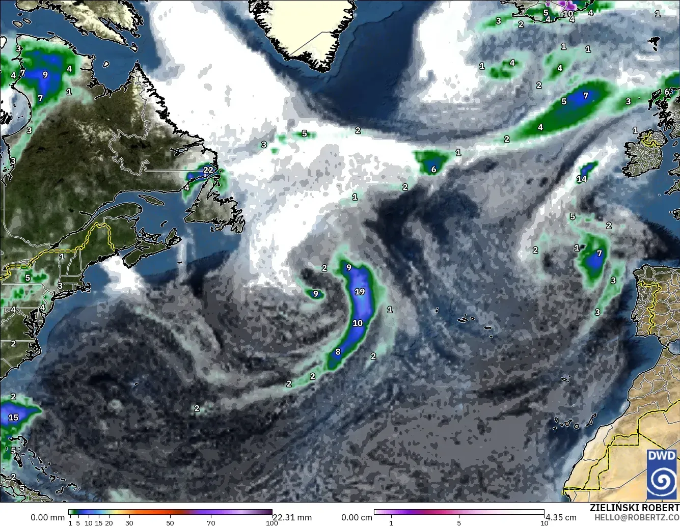 ICON modelo - Norte Atlántico, Precipitación, nubes y presión