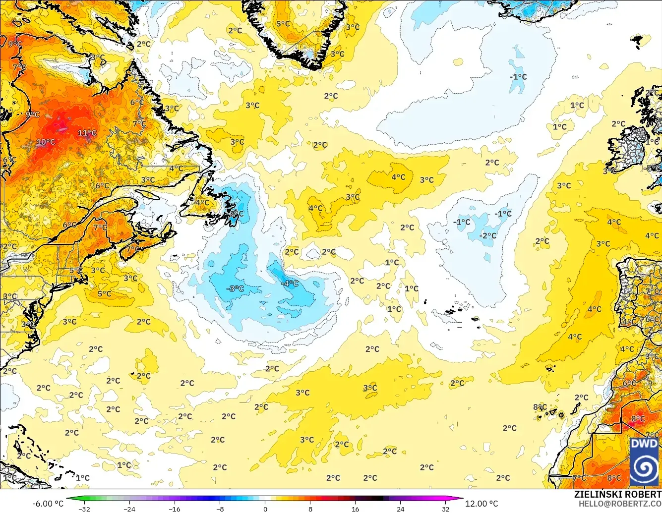 ICON modelo - Norte Atlántico, Anomalía de temperatura a 2 m