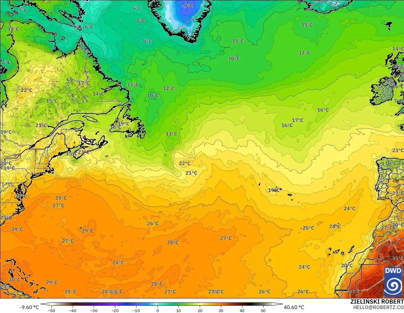 ICON modelo - Norte Atlántico, Temperatura a 2 m