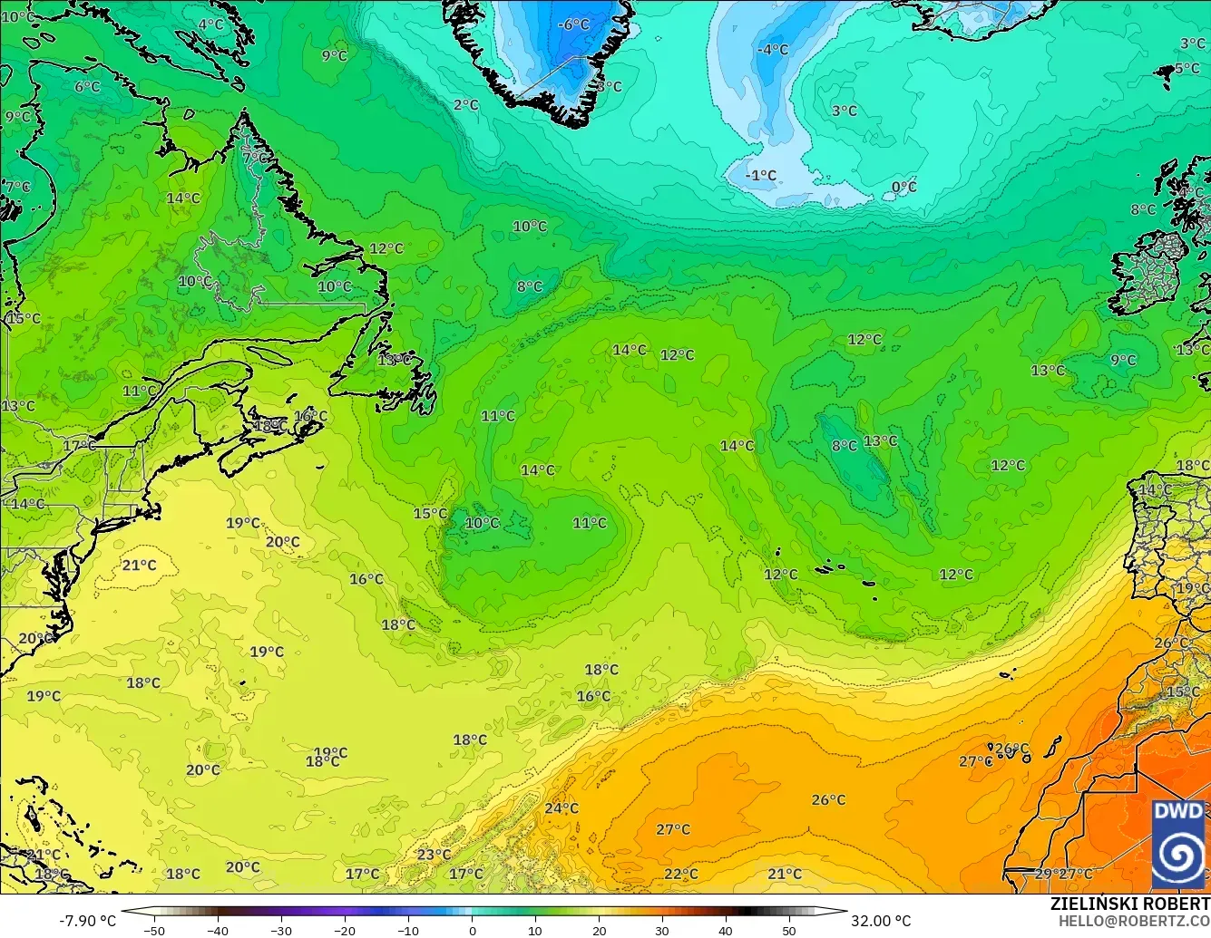 ICON modelo - Norte Atlántico, Temperatura a 850 hPa