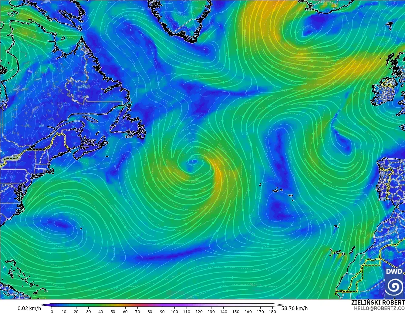 ICON modelo - Norte Atlántico, Viento a 10 m