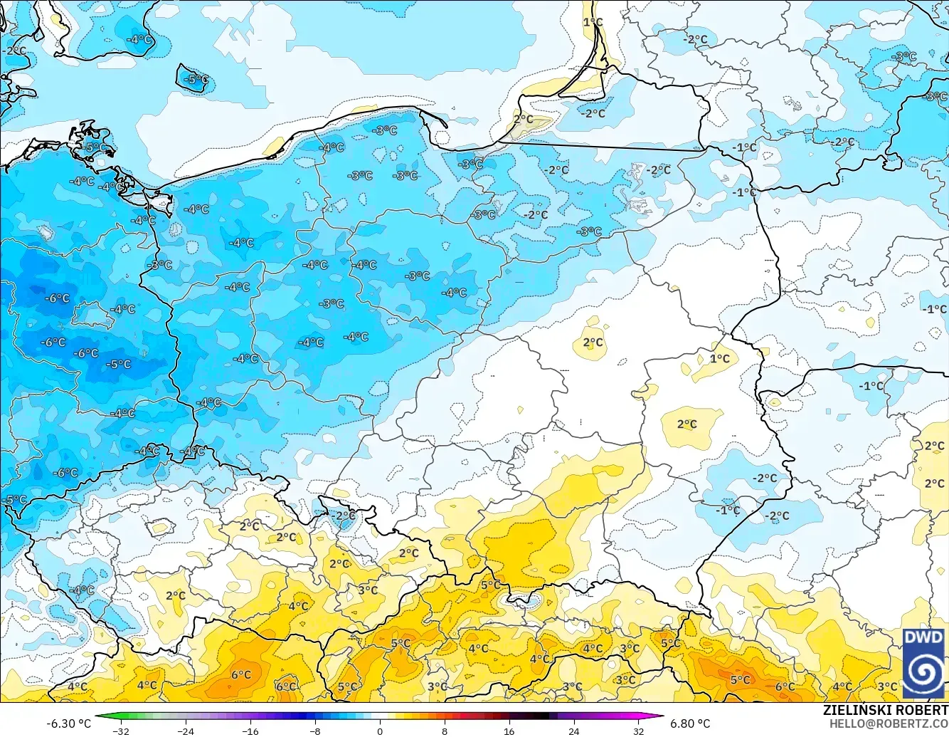 ICON modelo - Polonia, Anomalía de temperatura a 2 m