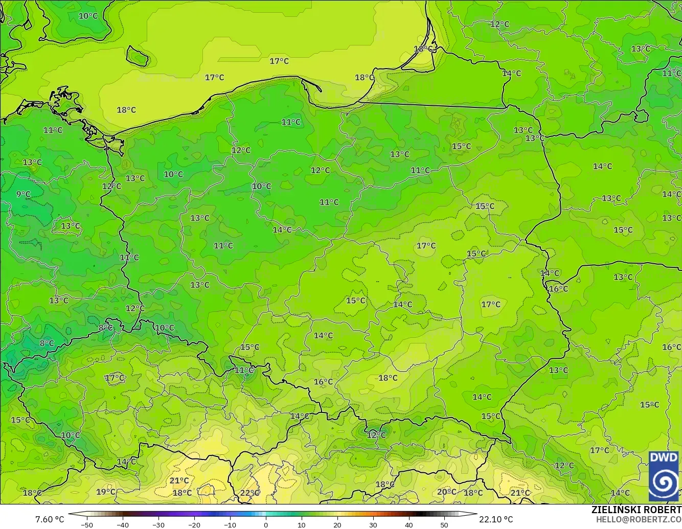ICON modelo - Polonia, Temperatura a 2 m