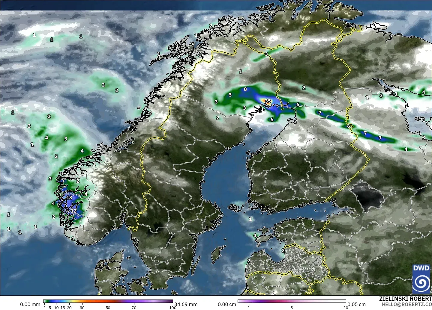 ICON modelo - Escandinavia, Precipitación, nubes y presión