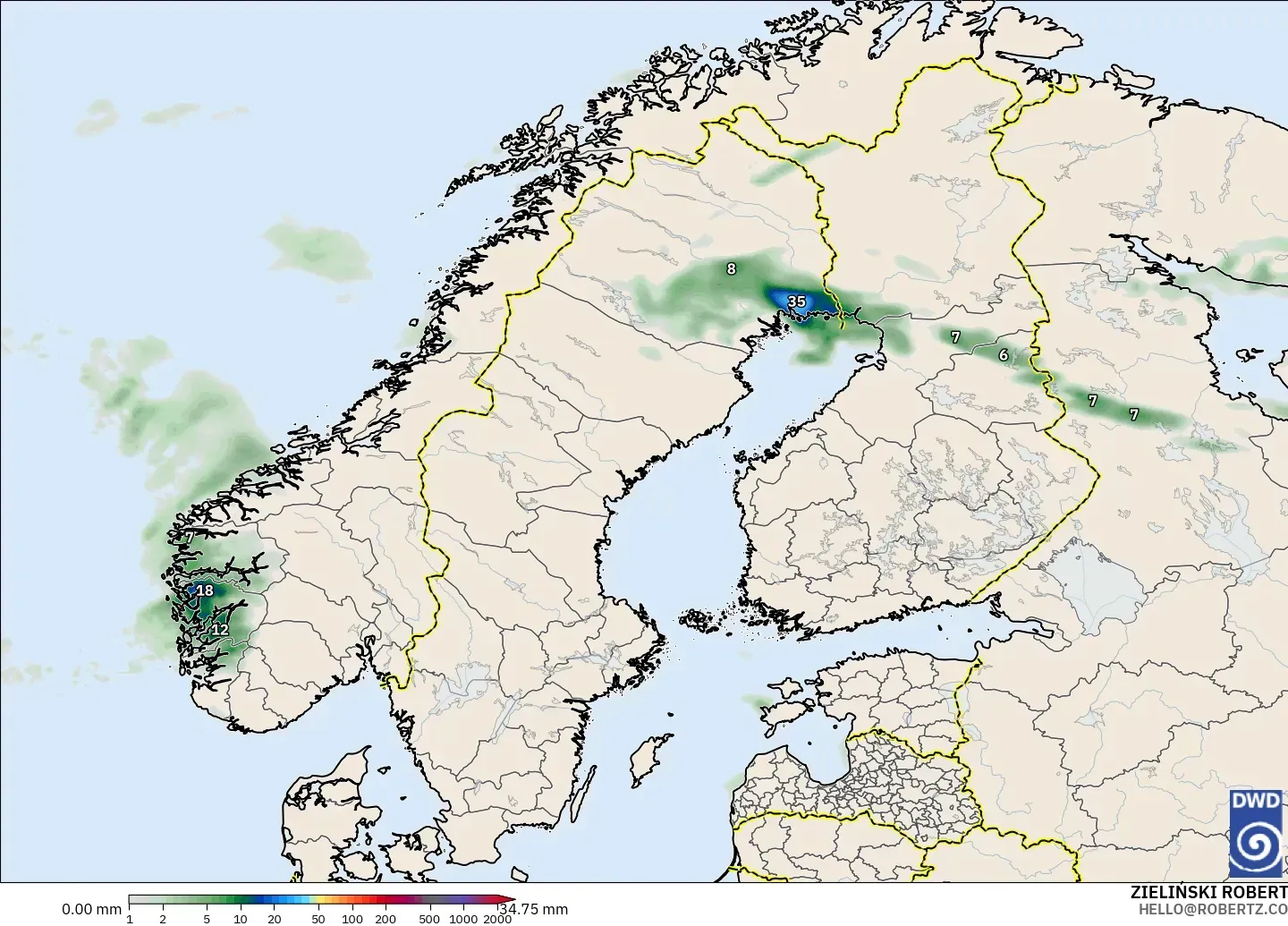 ICON modelo - Escandinavia, Acumulación de precipitación
