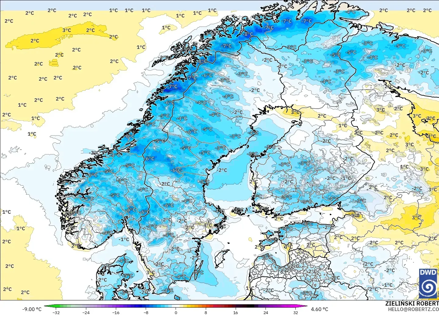 ICON modelo - Escandinavia, Anomalía de temperatura a 2 m