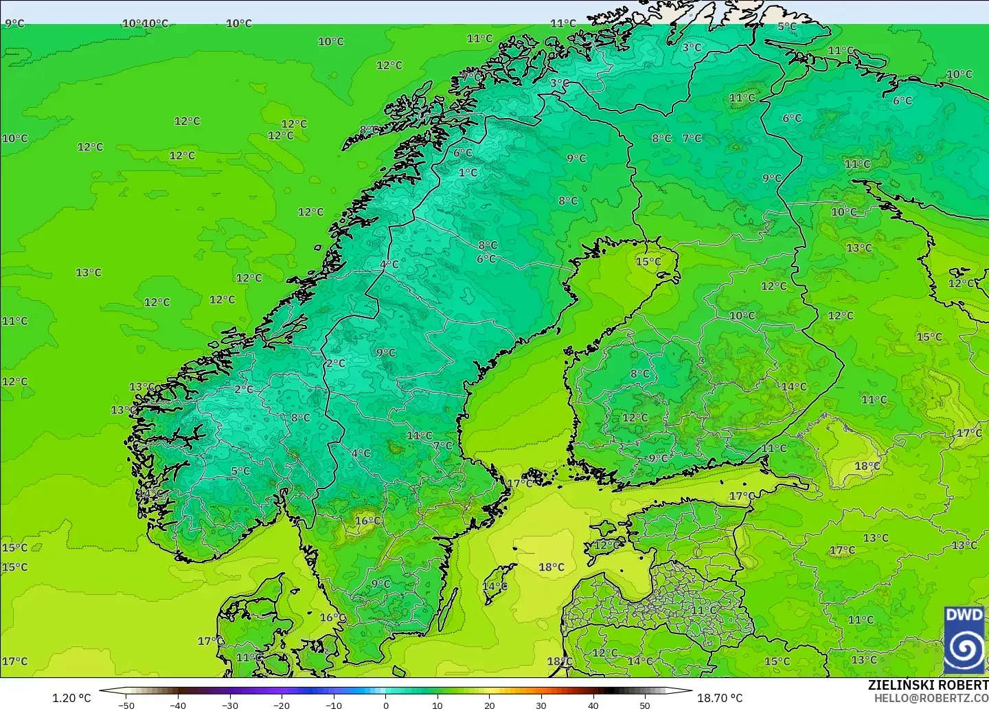 ICON modelo - Escandinavia, Temperatura a 2 m