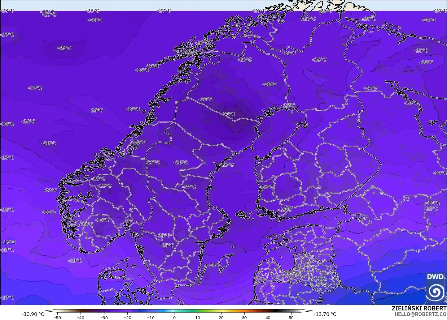 ICON modelo - Escandinavia, Temperatura a 500 hPa
