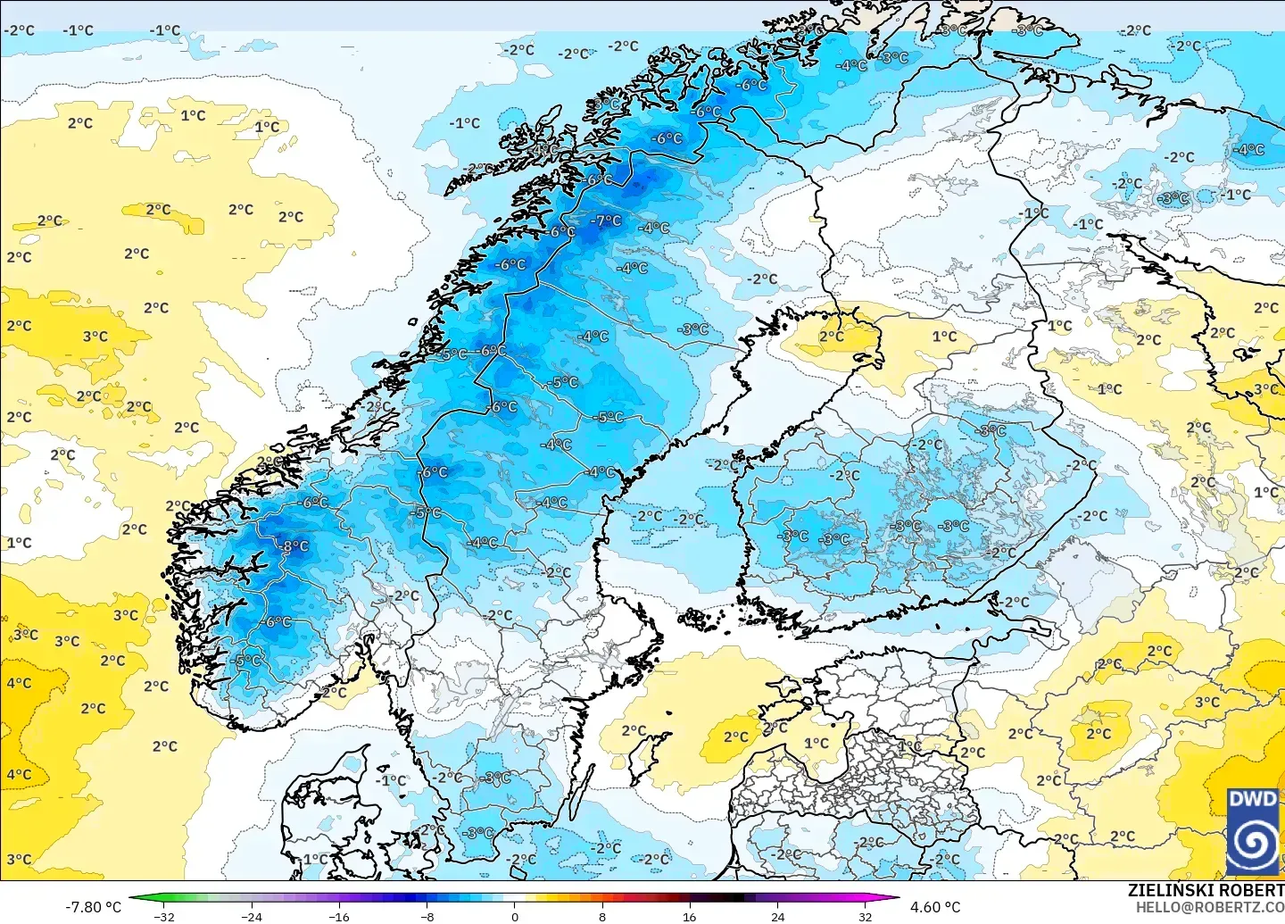 ICON modelo - Escandinavia, Anomalía de temperatura a 850 hPa