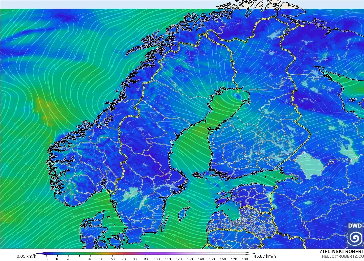 ICON modelo - Escandinavia, Viento a 10 m