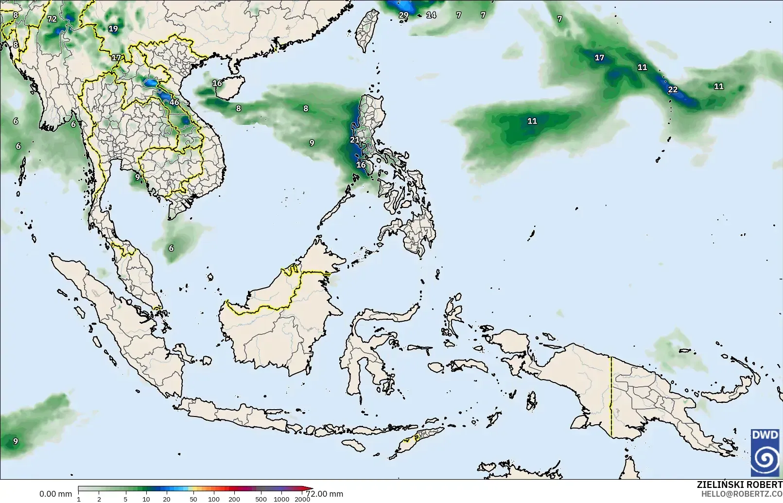 ICON modelo - Sudeste Asiático, Acumulación de precipitación