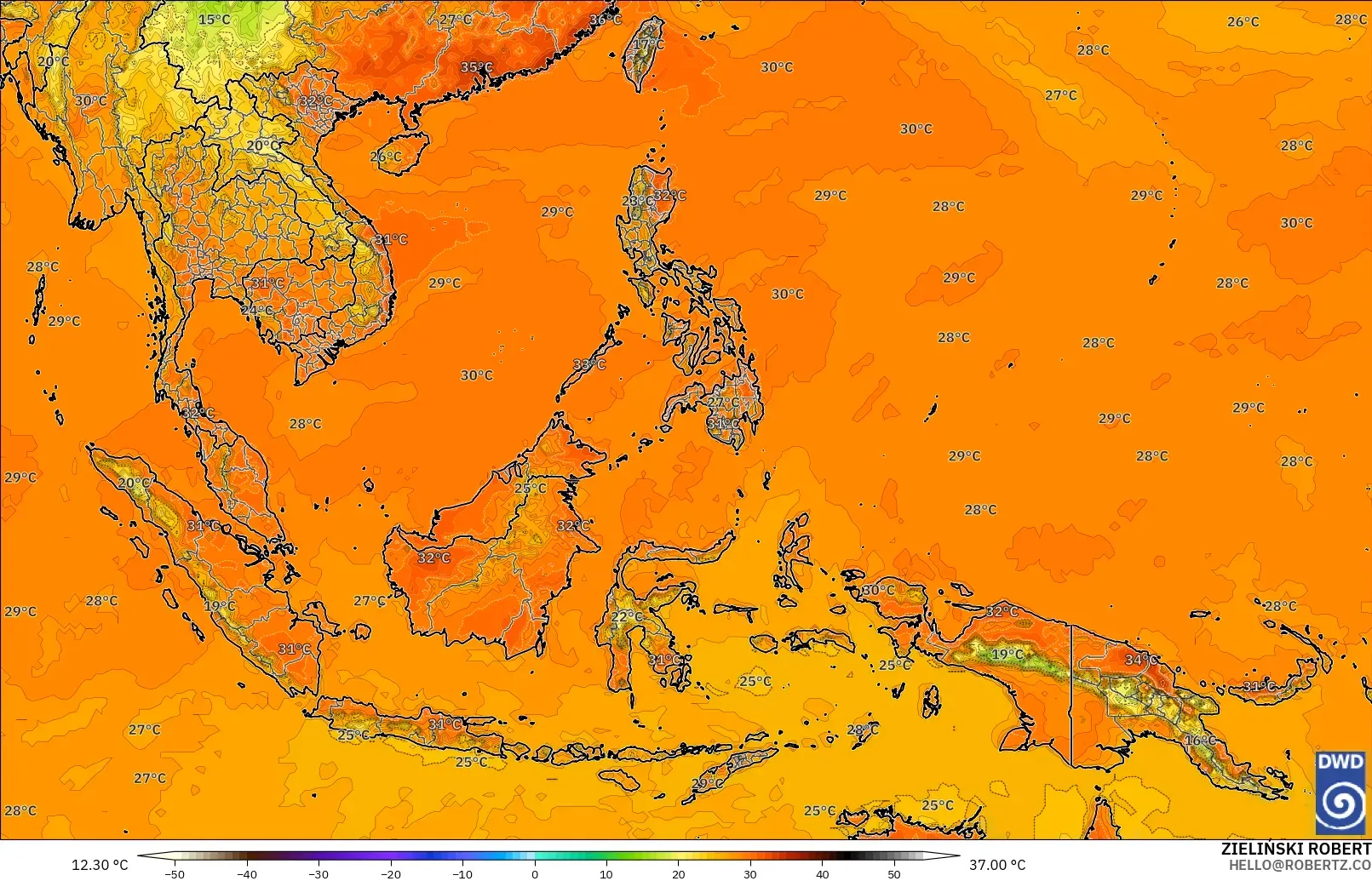 ICON modelo - Sudeste Asiático, Temperatura a 2 m