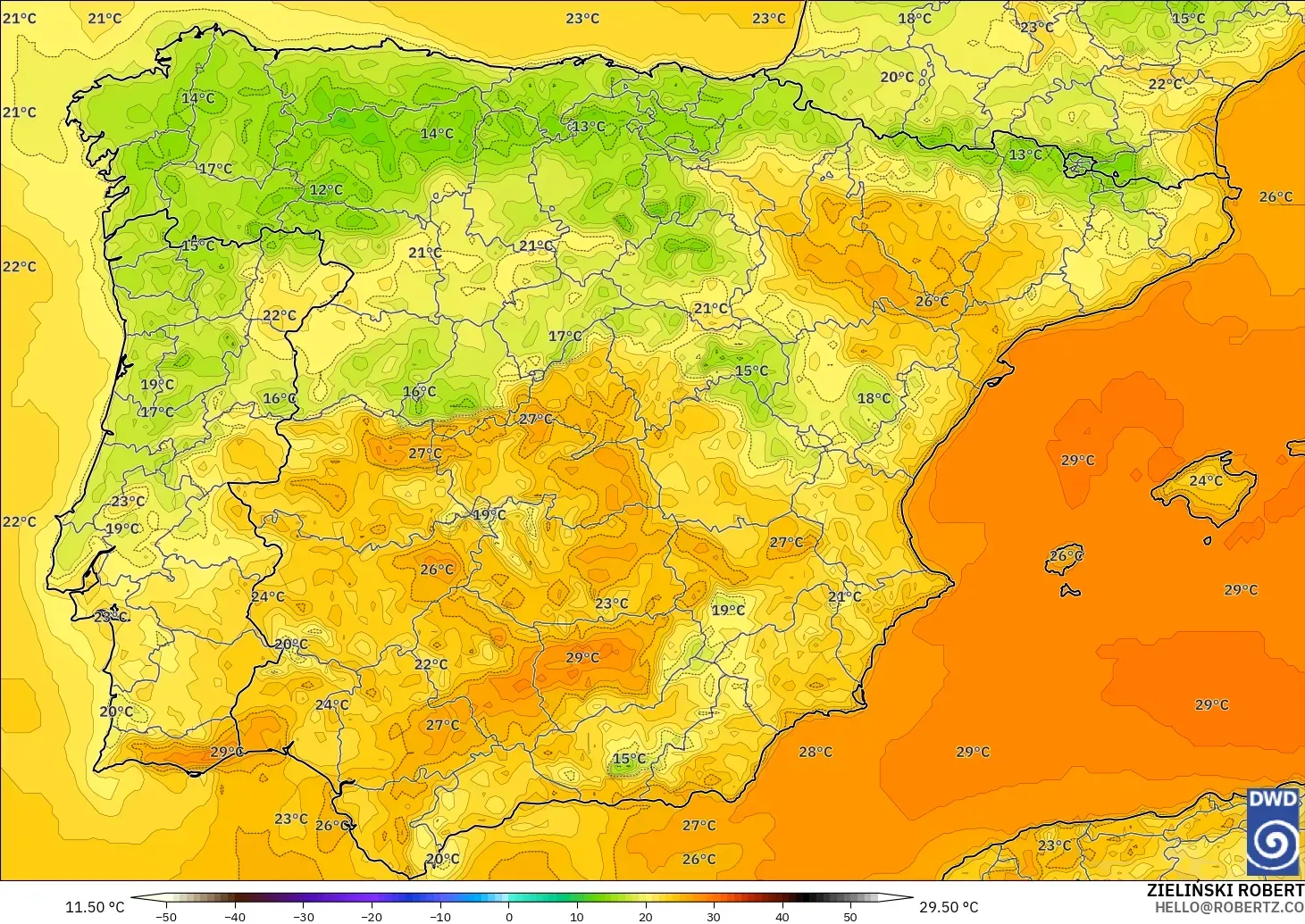 ICON modelo - España, Temperatura a 2 m