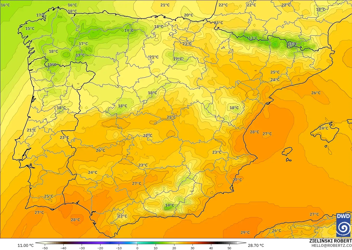 ICON modelo - España, Temperatura a 850 hPa