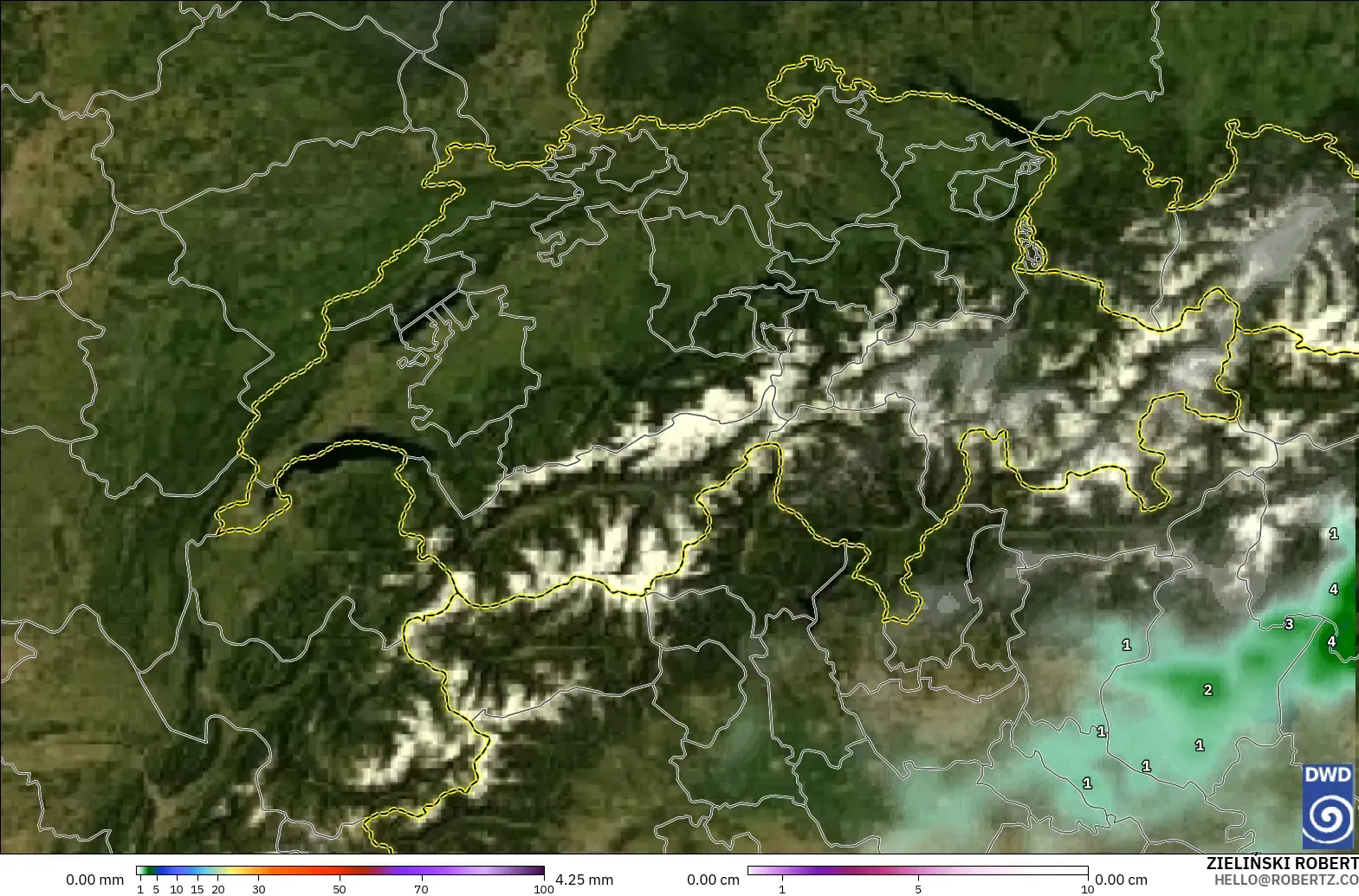 ICON modelo - Suiza, Precipitación, nubes y presión