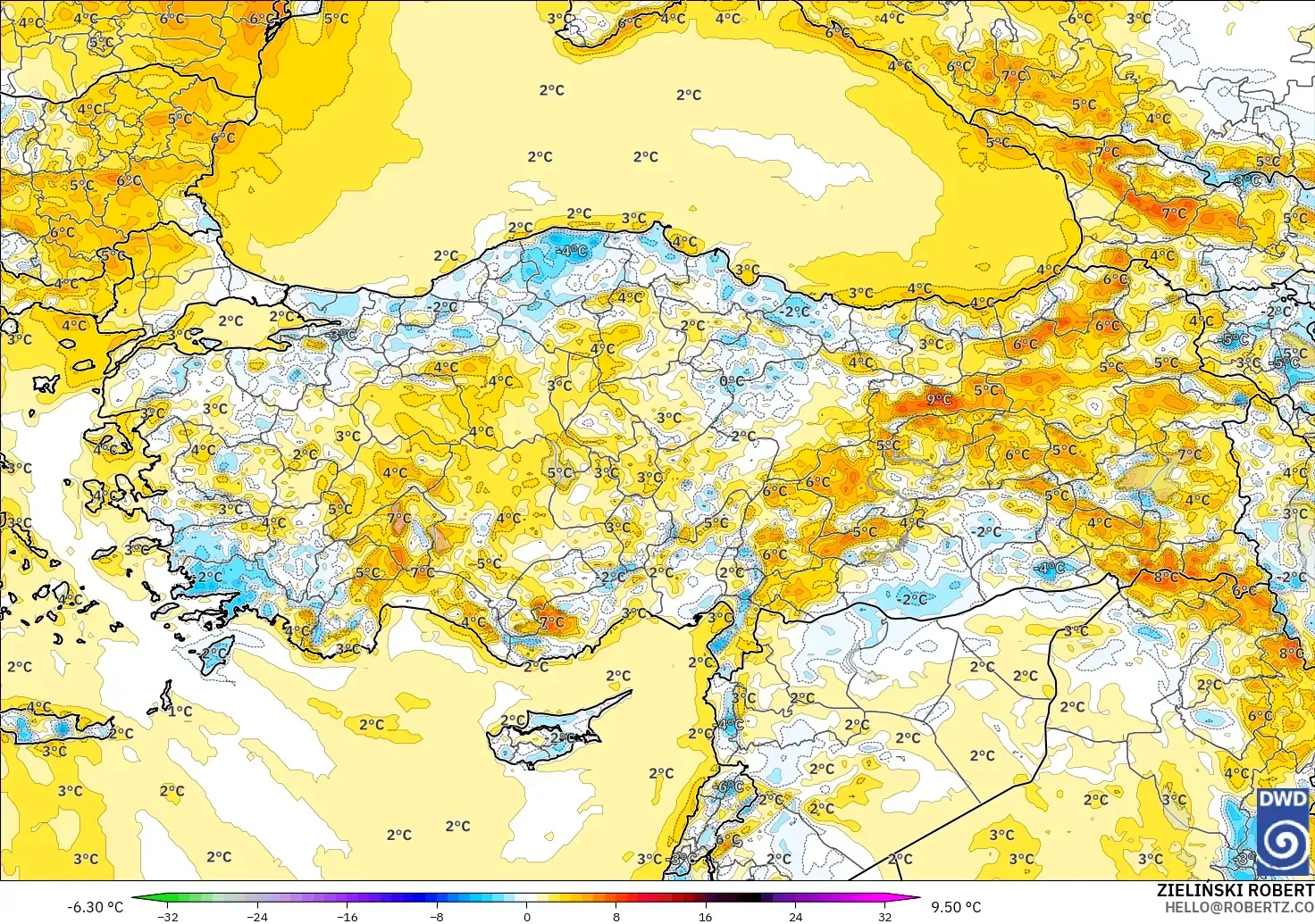 ICON modelo - Turquía, Anomalía de temperatura a 2 m