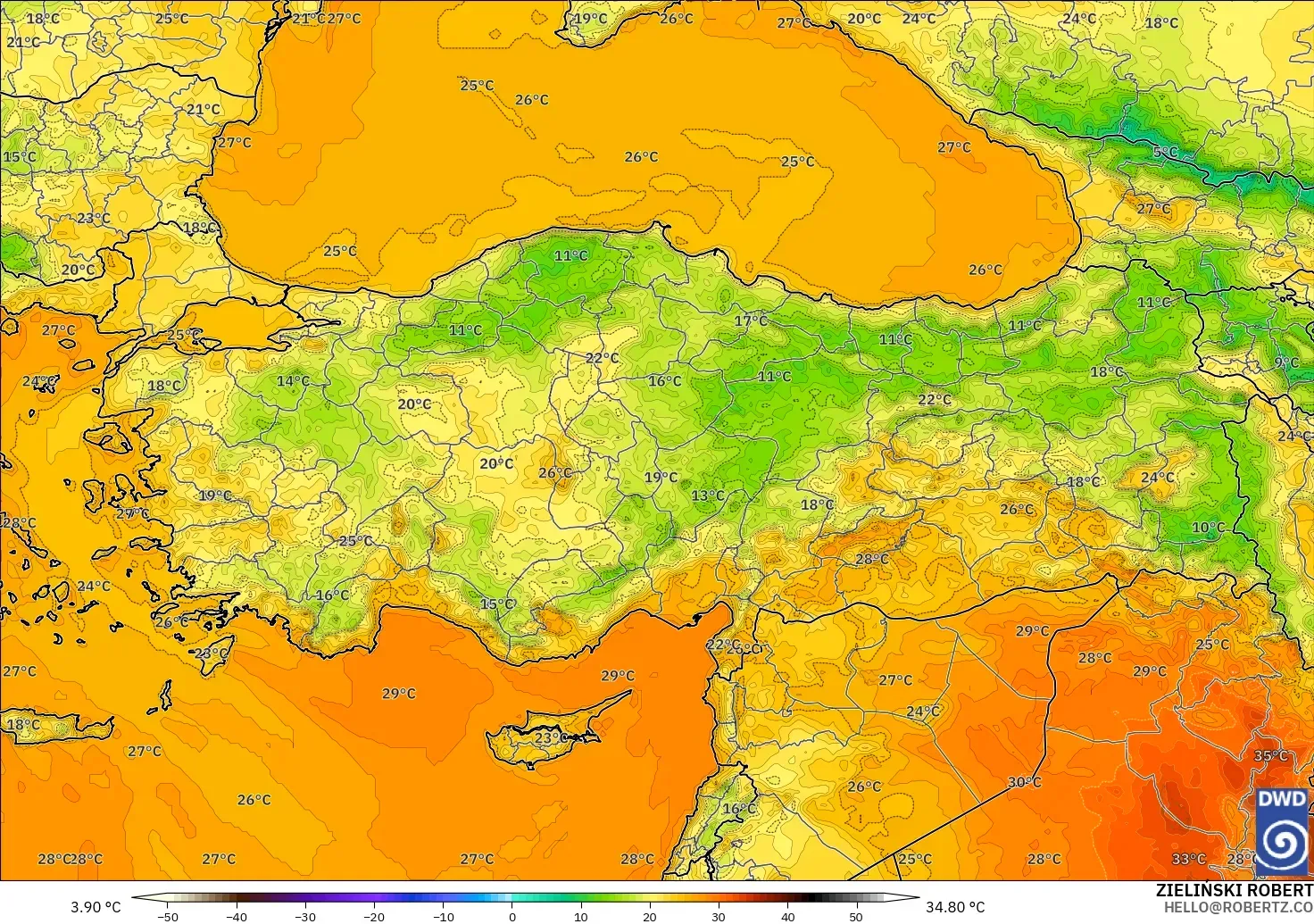 ICON modelo - Turquía, Temperatura a 2 m