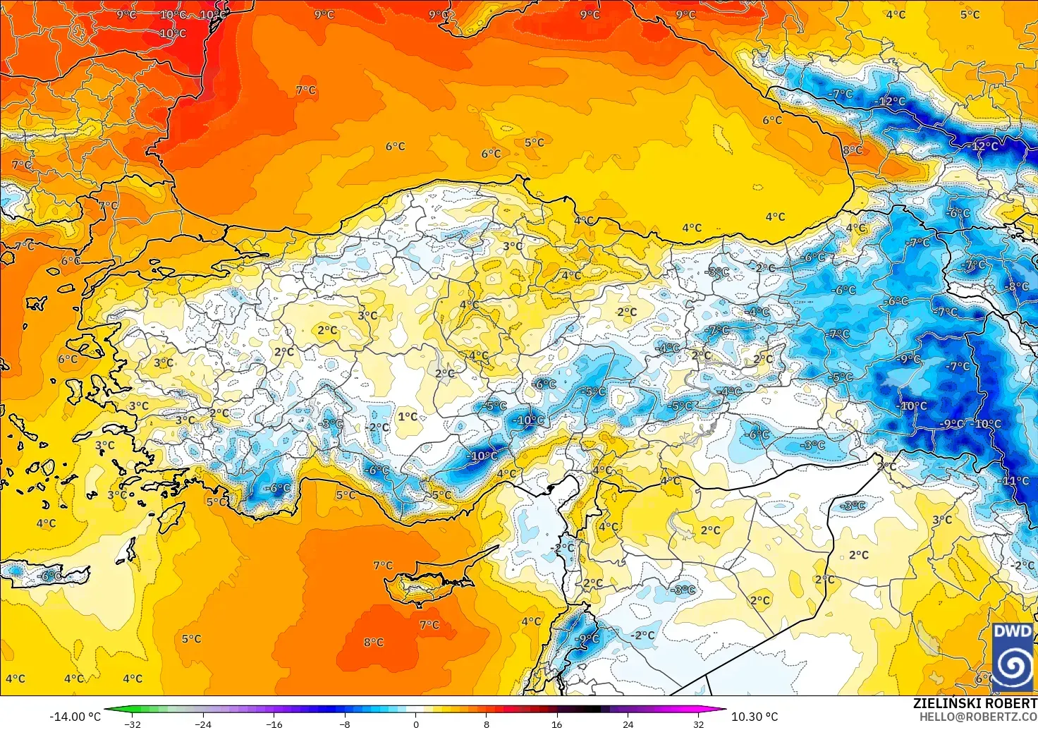 ICON modelo - Turquía, Anomalía de temperatura a 850 hPa