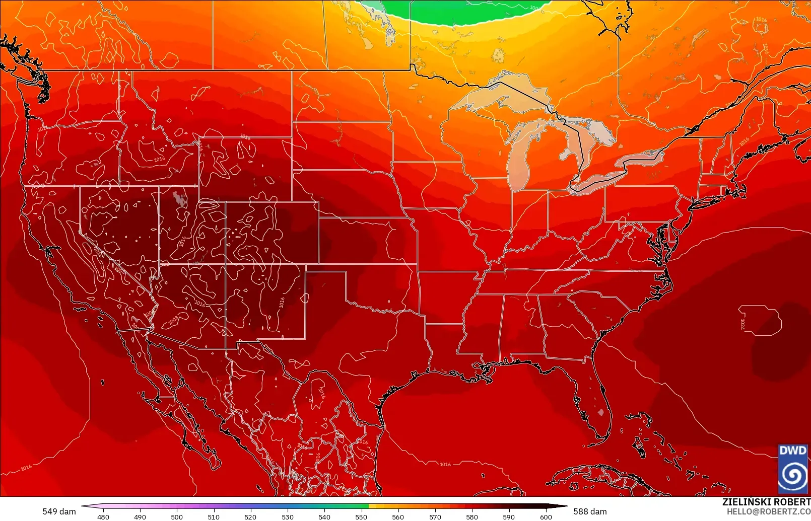 ICON modelo - Estados Unidos, Altura geopotencial a 500 hPa