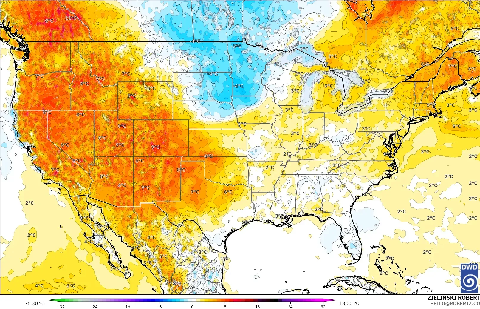 ICON modelo - Estados Unidos, Anomalía de temperatura a 2 m