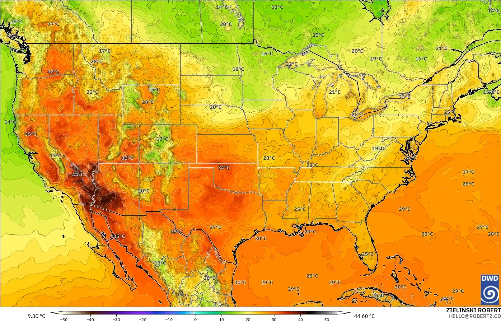 ICON modelo - Estados Unidos, Temperatura a 2 m