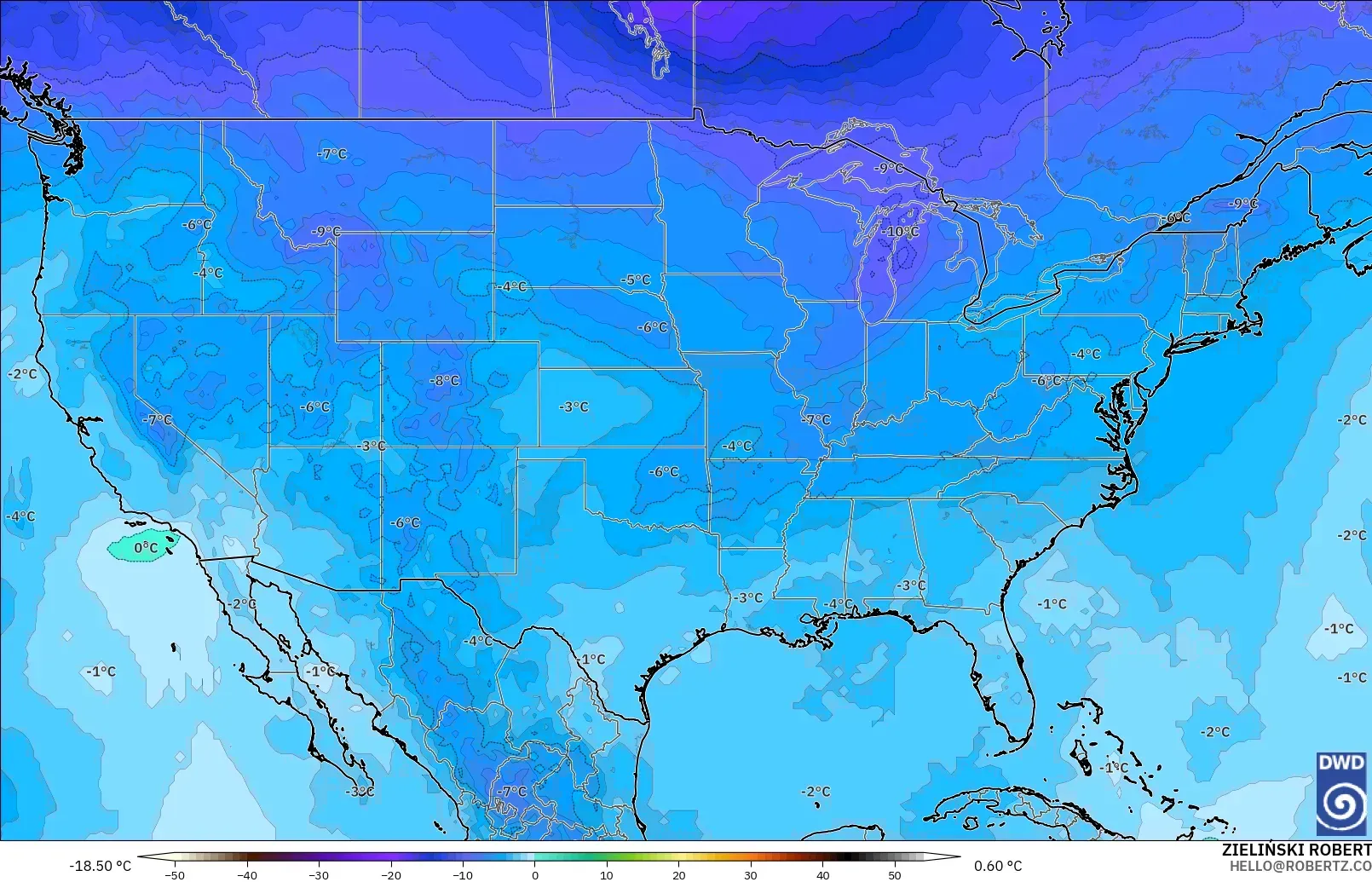 ICON modelo - Estados Unidos, Temperatura a 500 hPa