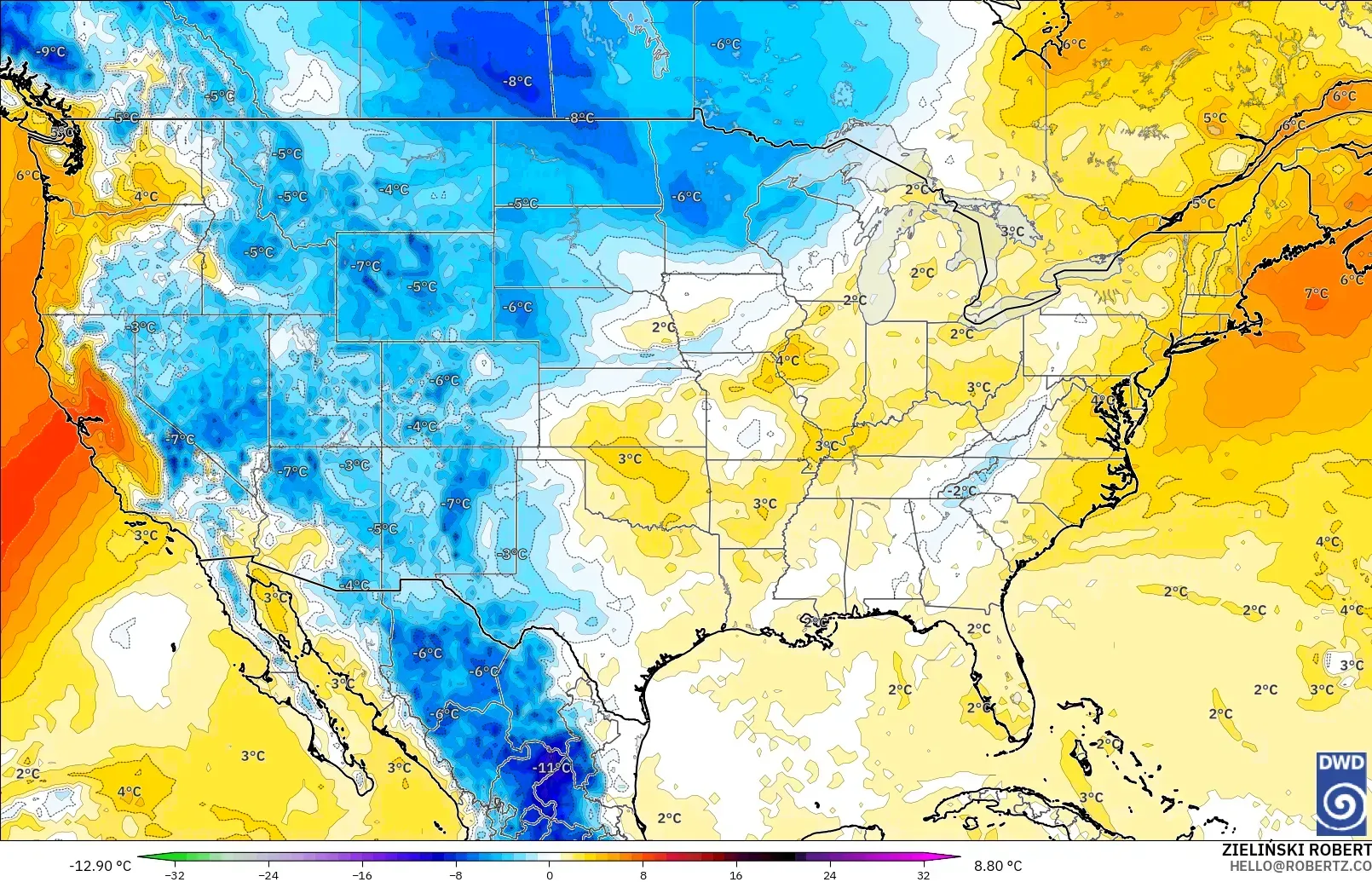 ICON modelo - Estados Unidos, Anomalía de temperatura a 850 hPa