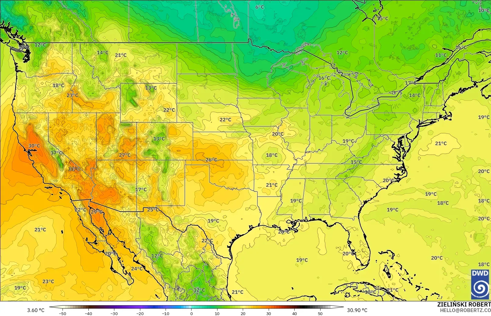 ICON modelo - Estados Unidos, Temperatura a 850 hPa