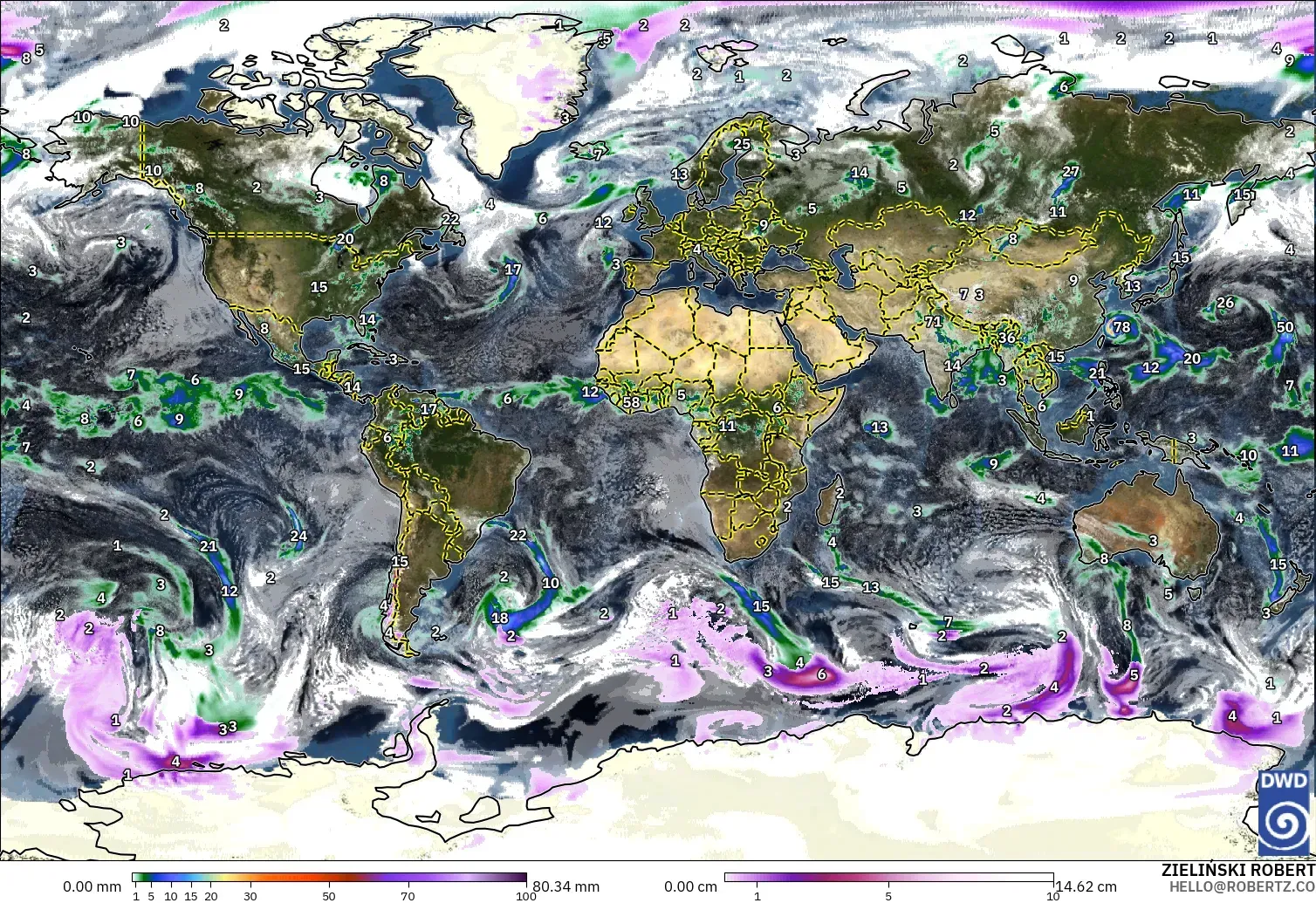 ICON modelo - Mundo, Precipitación, nubes y presión