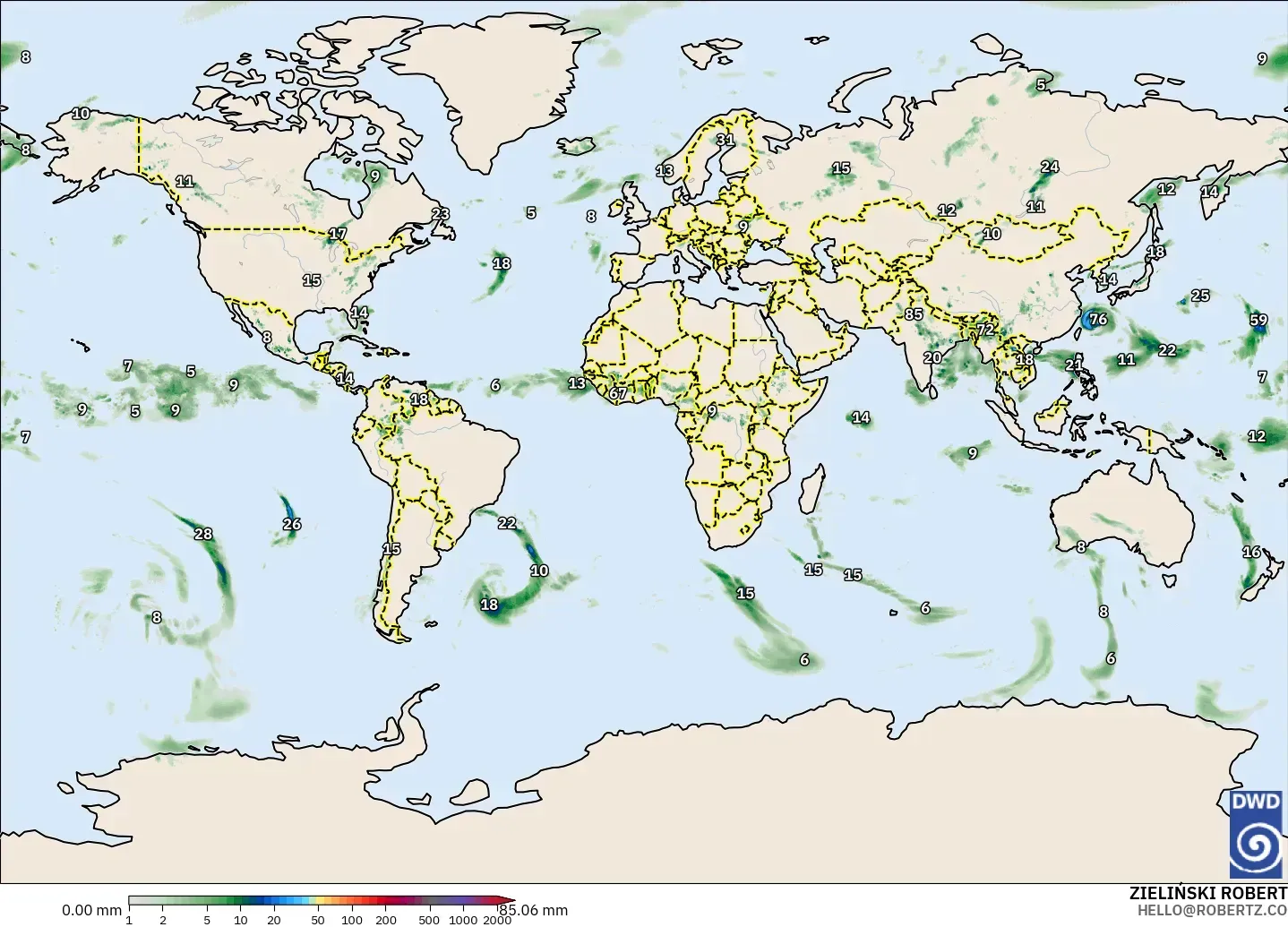 ICON modelo - Mundo, Acumulación de precipitación