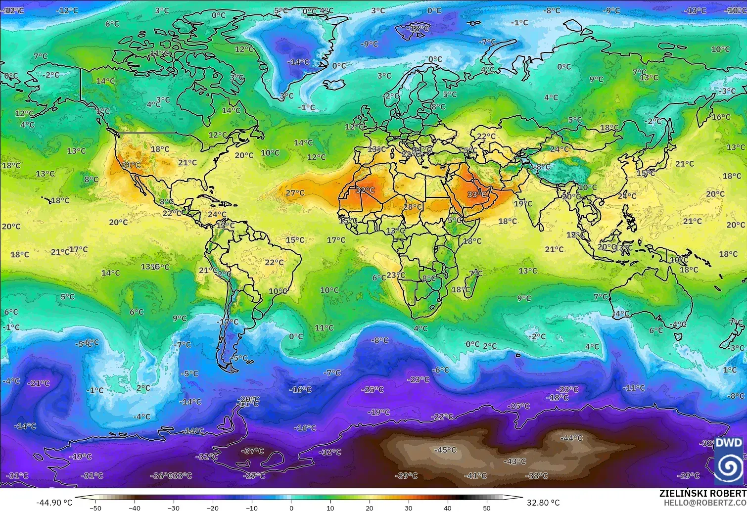 ICON modelo - Mundo, Temperatura a 850 hPa