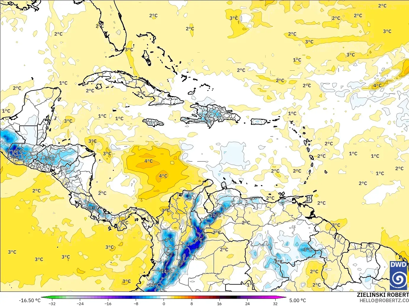 ICON modelo - Caribe, Anomalía de temperatura a 850 hPa