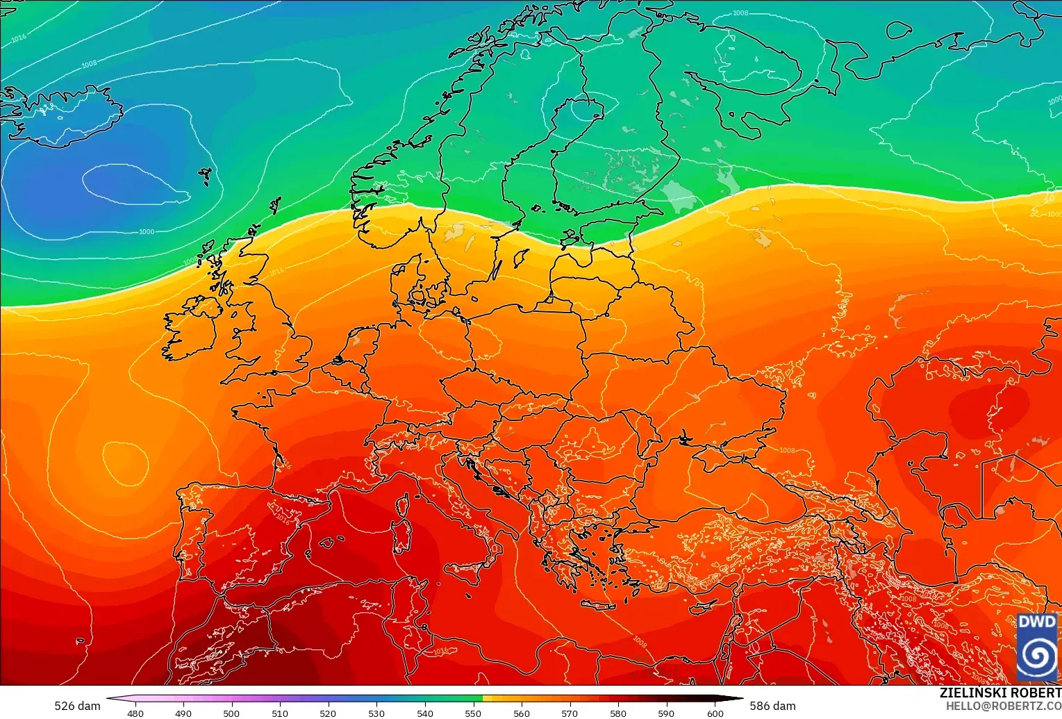 ICON modelo - Europa, Altura geopotencial a 500 hPa