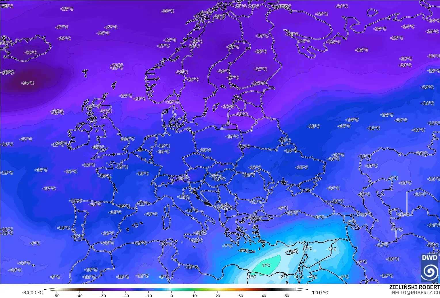 ICON modelo - Europa, Temperatura a 500 hPa
