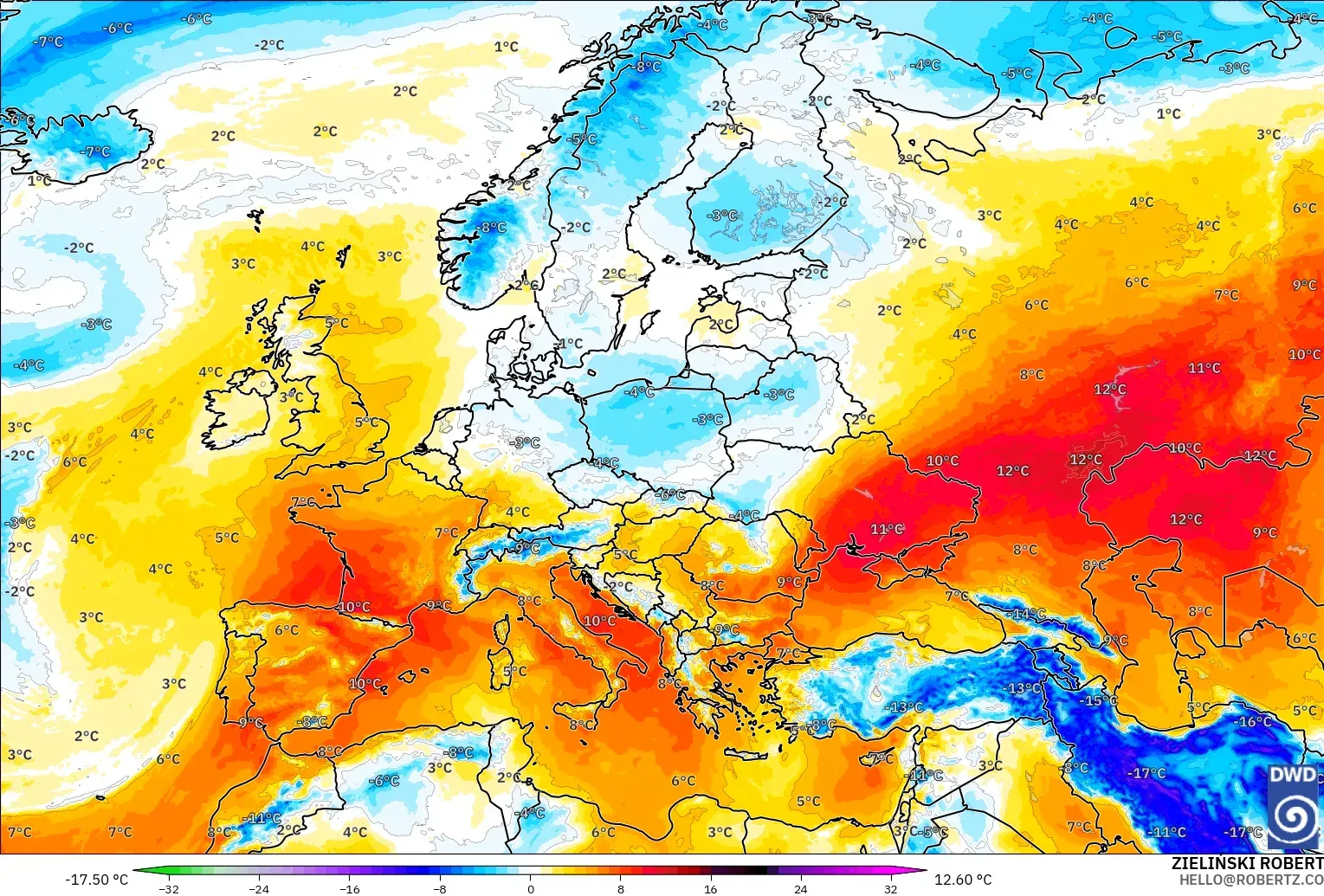 ICON modelo - Europa, Anomalía de temperatura a 850 hPa